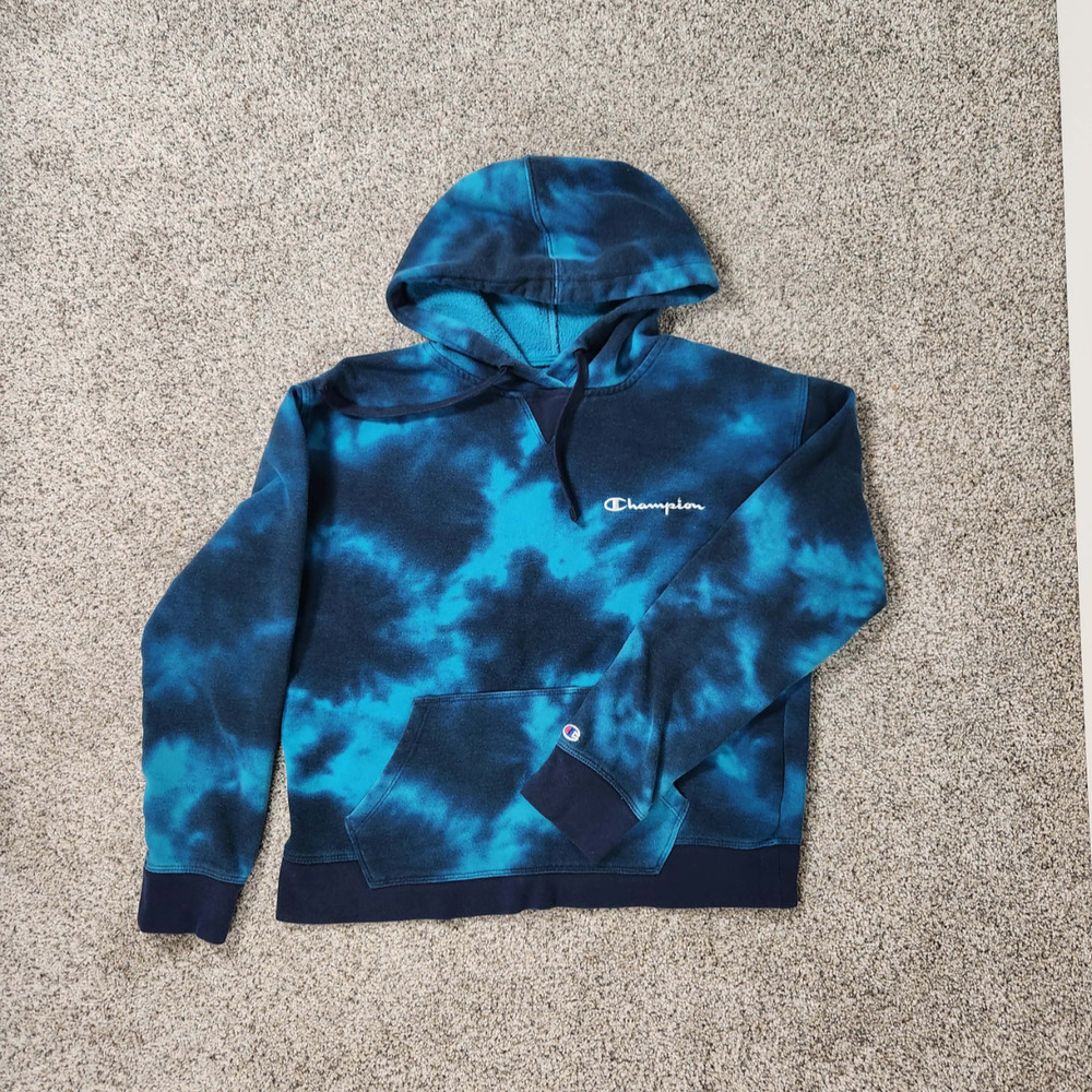 Vintage Champion Tie Dye Long Sleeve Fleece Hoodie Blue Women's Size M
